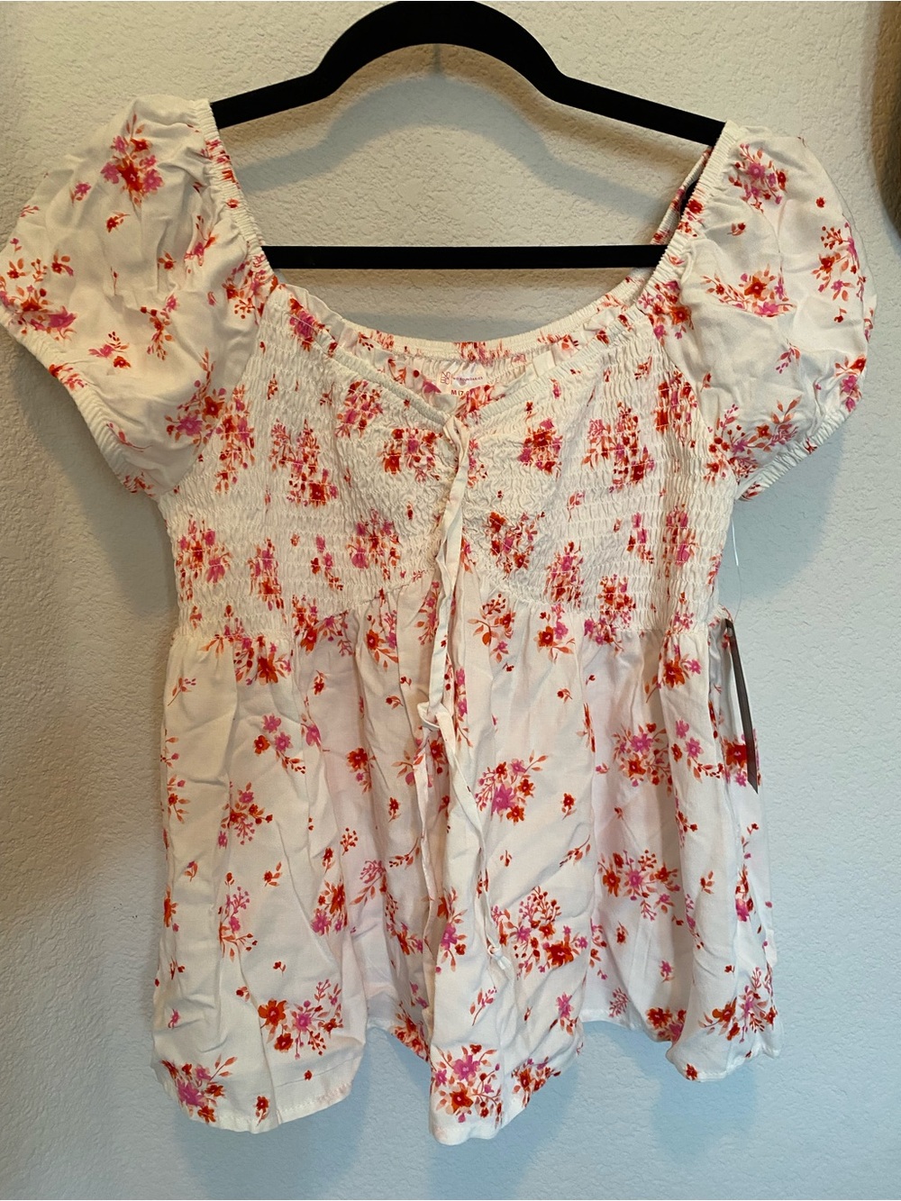 Women’s White Floral Smocked Peasant Top - Pink & Orange Print